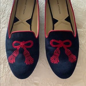 Navy and Red Embroidered Suede Loafer